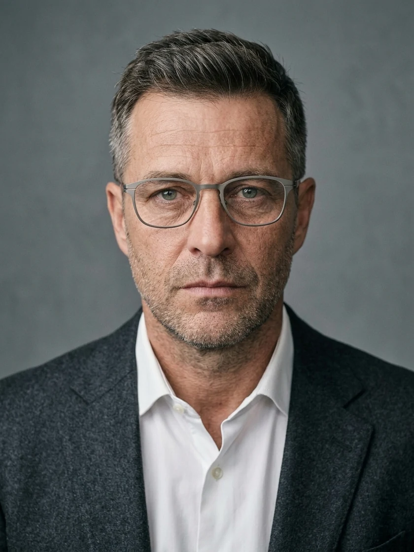 Transformation concept of a 48-year-old executive man with brush-back styling and titanium eyewear