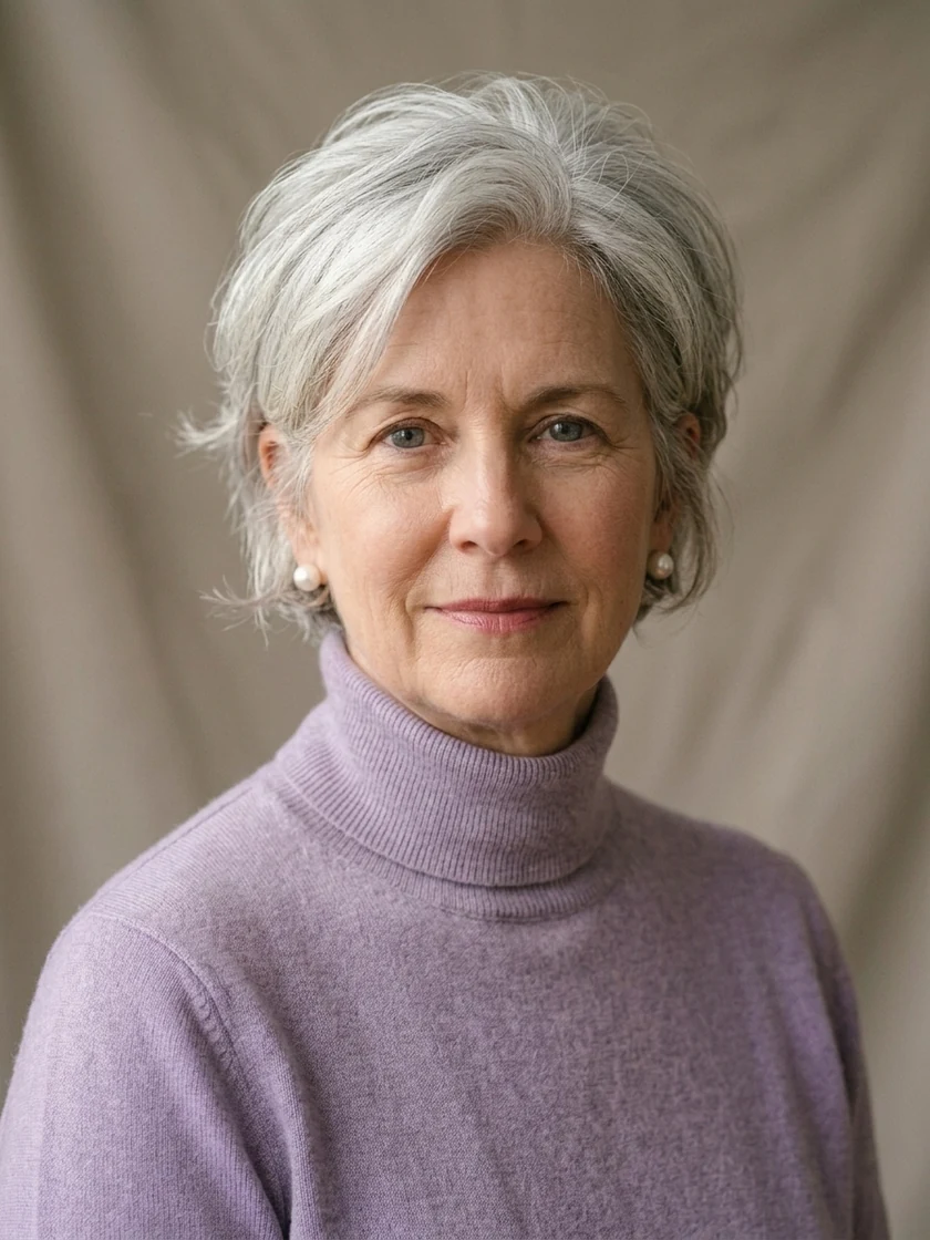 Transformation concept of a 58-year-old silver-haired woman with modern textured pixie-bob